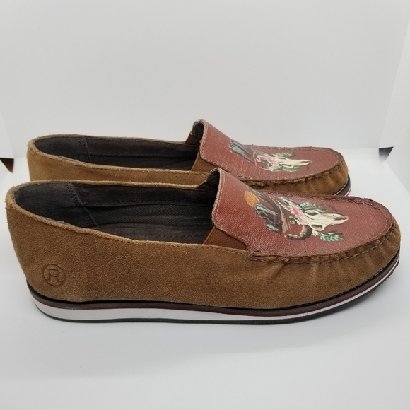 Roper brown suede western cow skull moccasins slip on loafers size 10 - Picture 2 of 9